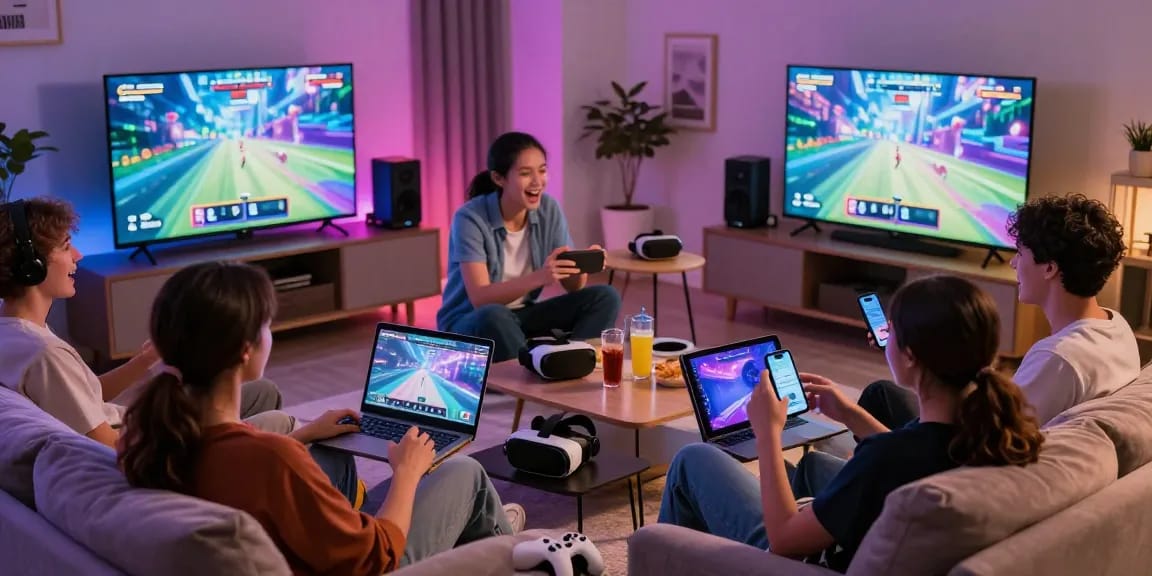 Enthusiastic players enjoying porn games across devices in a cozy living room setting.