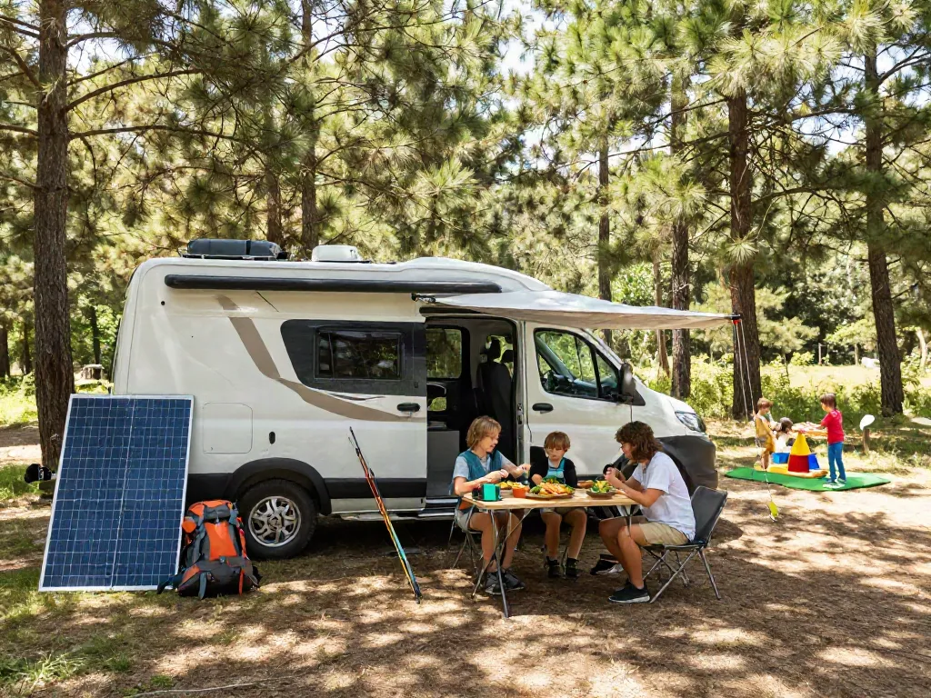 Lithium batteries for RV powering a camper van in a scenic outdoor camping setup.