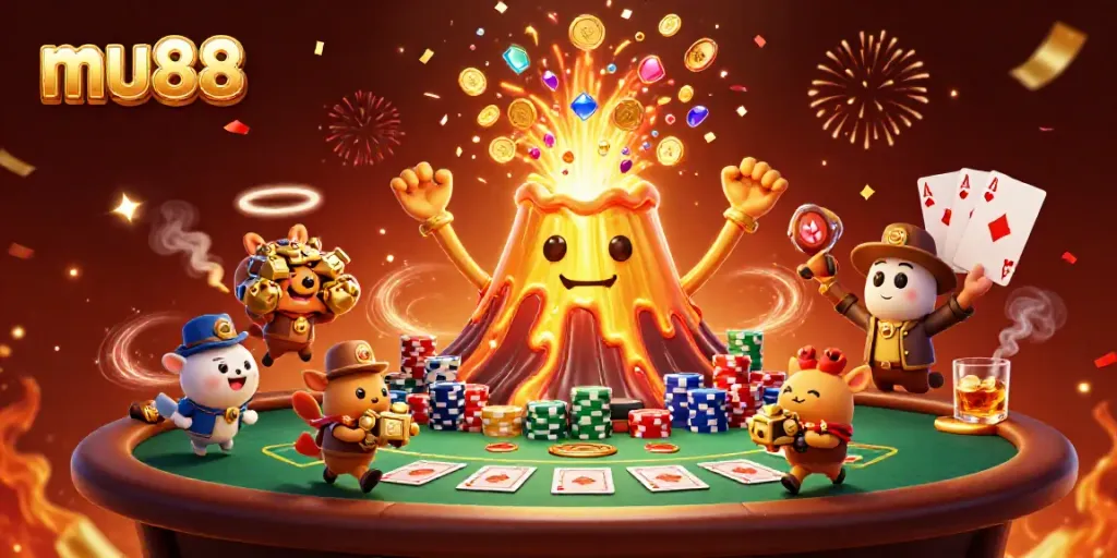 Experience the thrilling eruption of treasures and gambling excitement at mu88 in this vibrant casino scene.