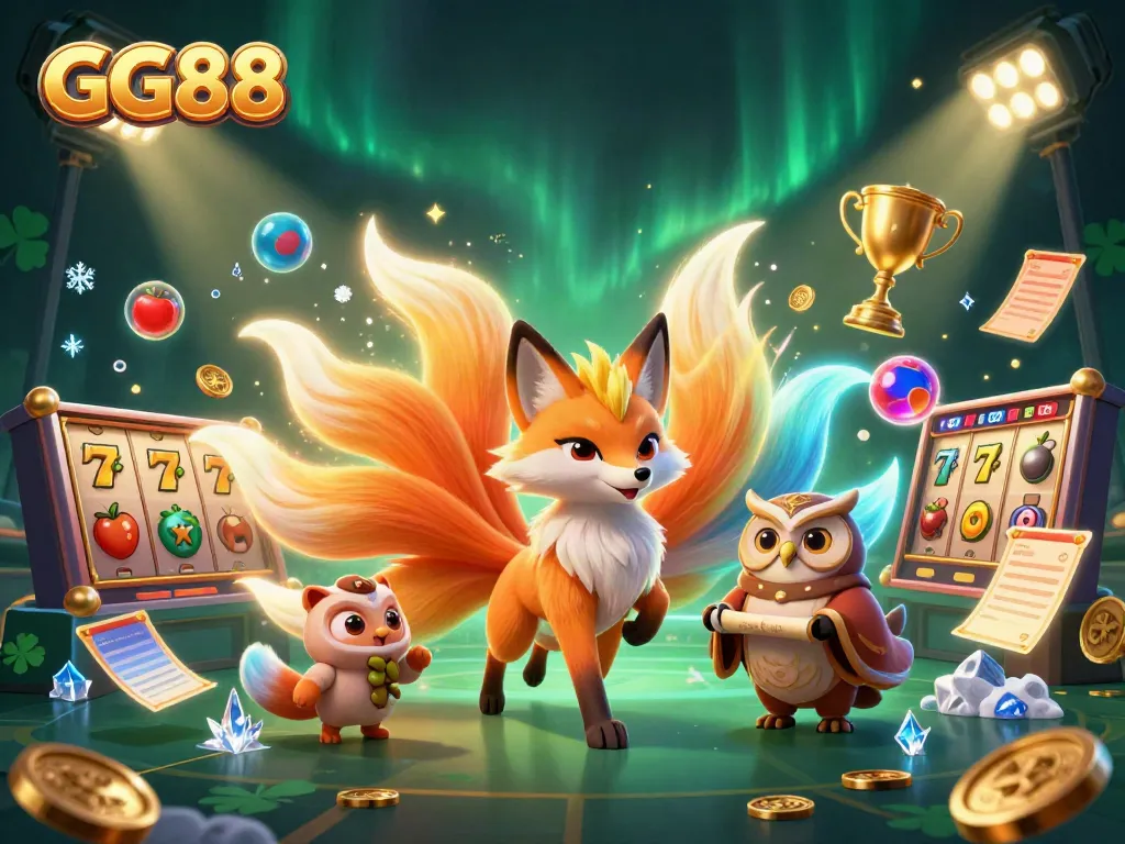 Engage in exciting gameplay at GG88 with a stunning 3D illustration showcasing a nine-tailed fox and various casino elements.