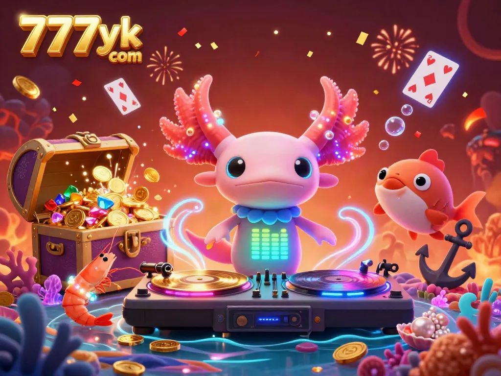 Experience the thrill at 777yk com with vibrant underwater gaming visuals, featuring a neon DJ and lively sea creatures.