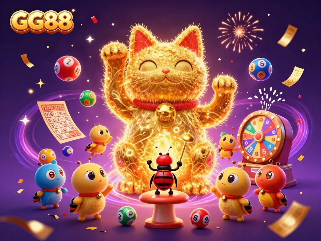 Experience the magic at GG88 with a lively illustration of a lucky cat and exciting lottery elements.