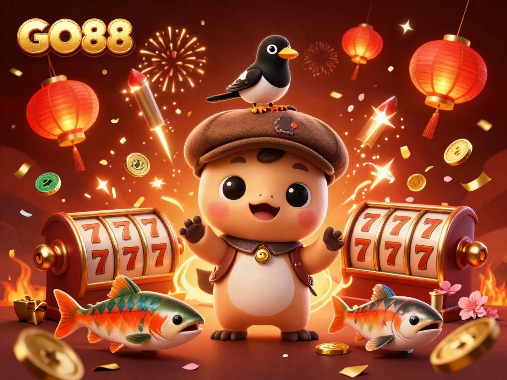 Experience the exciting slot games at GO88 with vibrant characters, festive elements, and casino themes in a colorful illustration.
