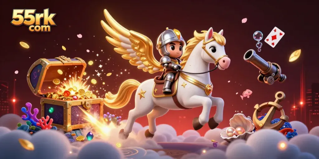 Experience the thrill of 55rk com as a knight rides a celestial horse through treasures in vivid detail.