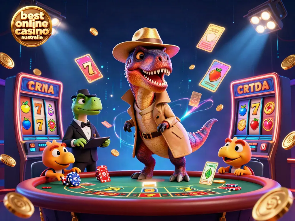 Experience the thrill of the best online casino Australia with a cartoon velociraptor at a blackjack table.