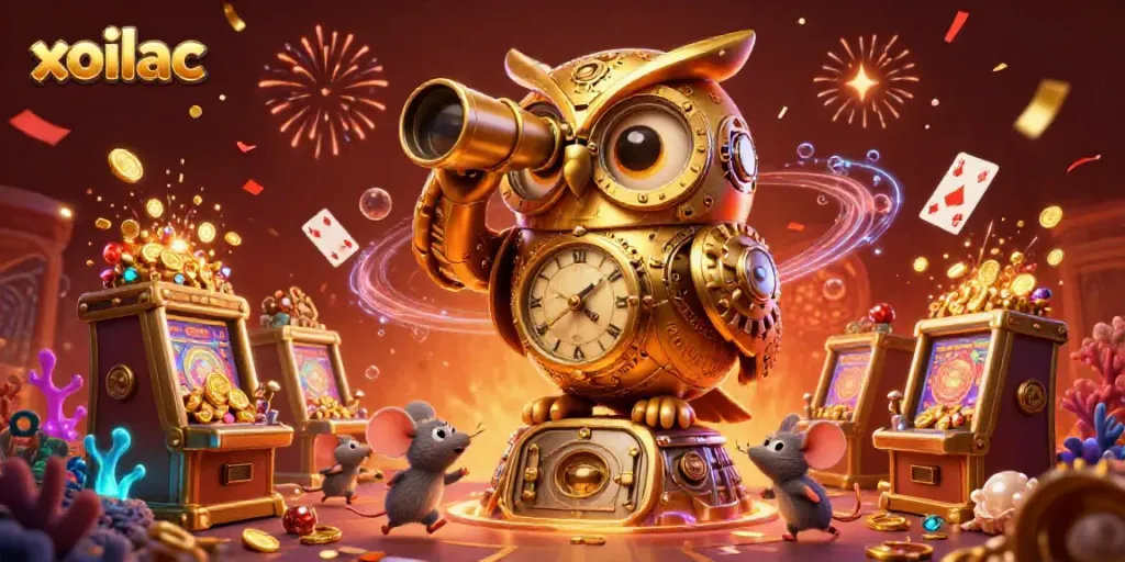 Experience the vibrant xoilac casino floor with a lively golden owl and mouse patrons amid fireworks and confetti.