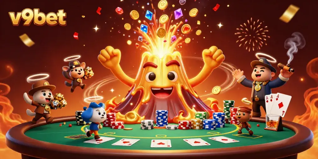 Join the treasure hunt at v9bet as a golden volcano erupts with coins and gems, symbolizing big wins.