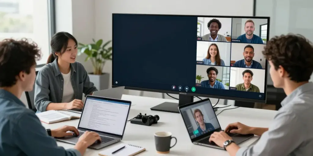 Deepfake free meetings in a tech-savvy office with diverse professionals collaborating.
