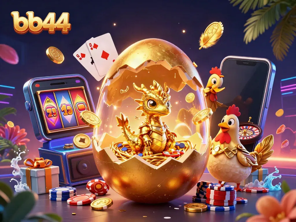 Experience the excitement of bb44 with a vibrant casino scene featuring a golden dragon, poker chips, and slot games.