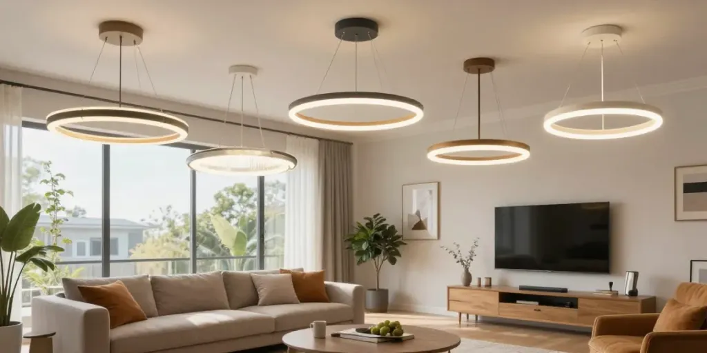 Lustre living moderne din oferta noastră, exemplificând eleganța și eficiența energetică a designului local.
