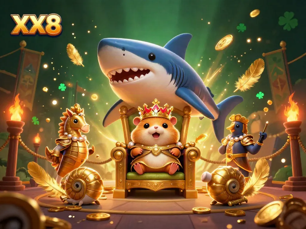 Experience the thrill at XX8 with a vibrant casino scene featuring a golden hamster king and treasure elements.