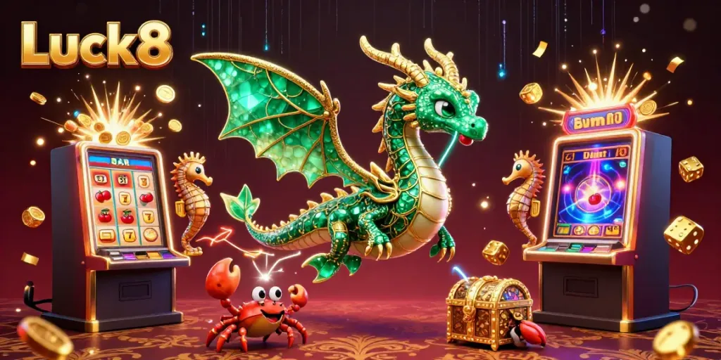 Engage in thrilling gameplay with Luck8's vibrant 3D illustration of a dragon, seahorse, and treasure amidst casino elements.
