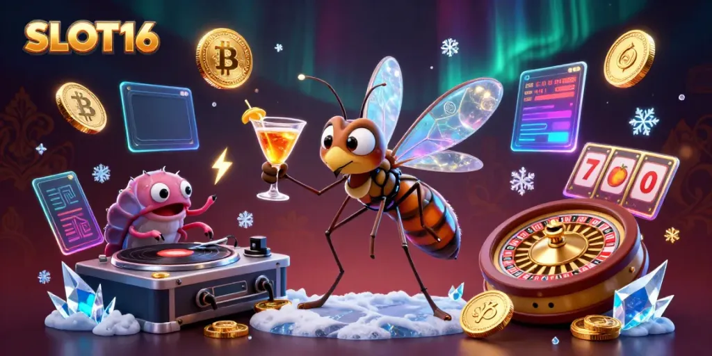 Experience the excitement of SLOT16 with vibrant 3D elements and casino-themed characters in a dynamic scene.