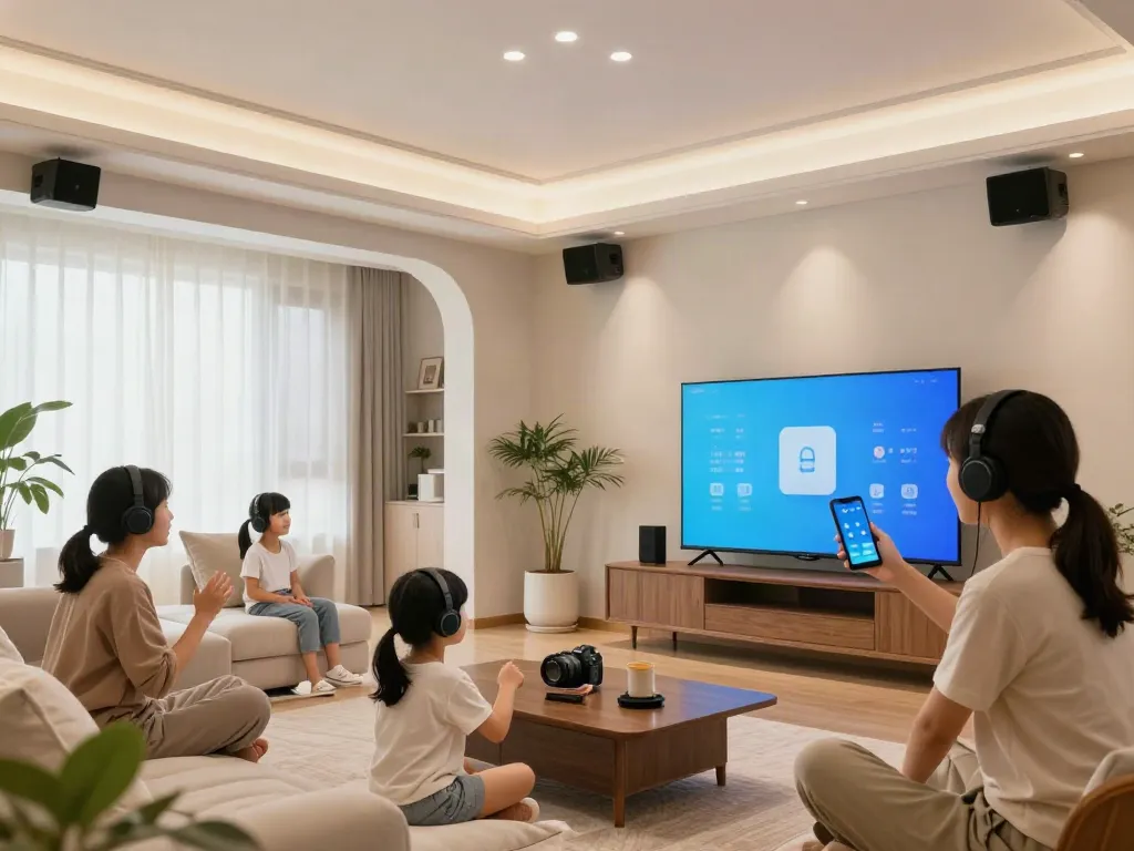 Family enjoying music through اسپیکر سقفی in a stylish living room.