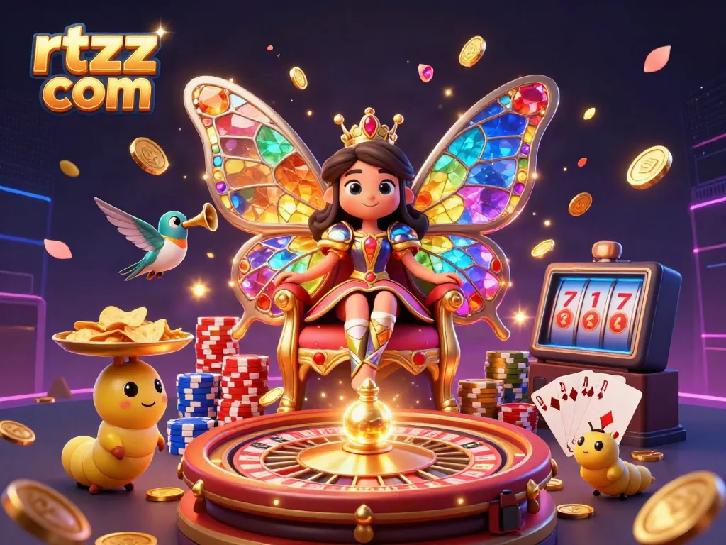 Experience excitement at rtzz com with a vibrant 3D casino scene featuring a butterfly queen, colorful chips, and dynamic gameplay elements.