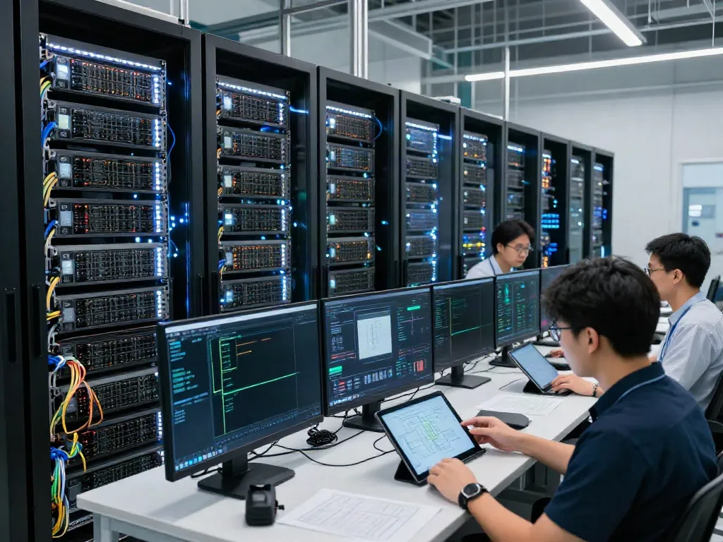 AI data center with GPU racks, technicians collaborating on advanced technology.