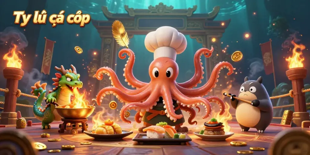 Engaging illustration showcasing the dynamic scene of Tỷ lệ cá cược with characters preparing dishes and dragon, emphasizing winning strategies in betting.