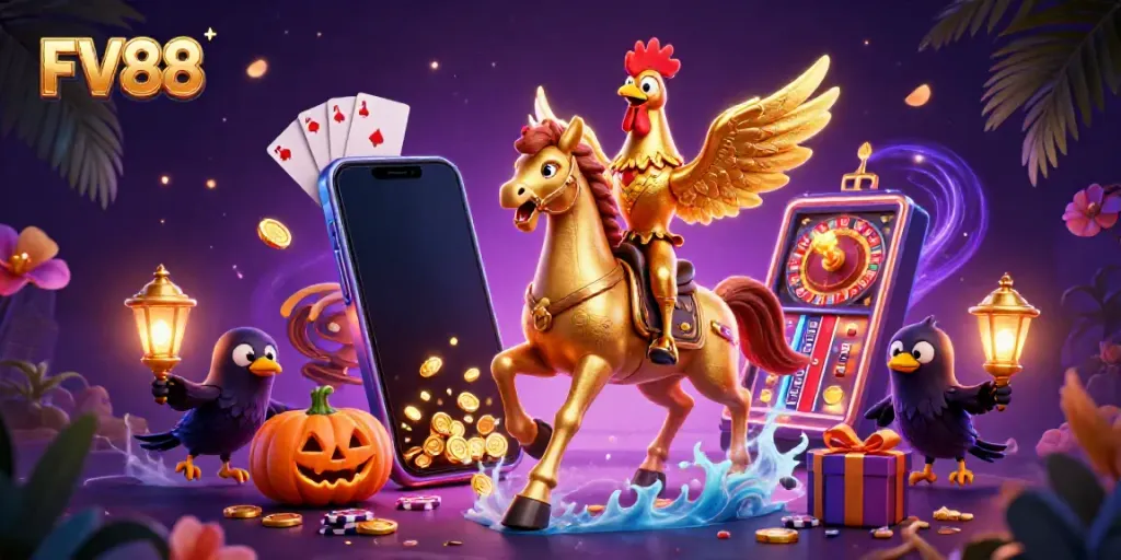 Experience the vibrant world of FV88 with a dynamic illustration of a golden rooster riding through a midnight casino.