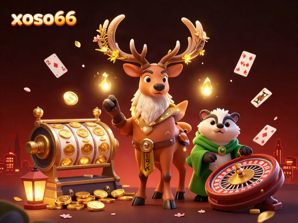 Engage in thrilling gameplay at xoso66 with a vibrant scene featuring a druid stag and wise badger in a dynamic casino setting.