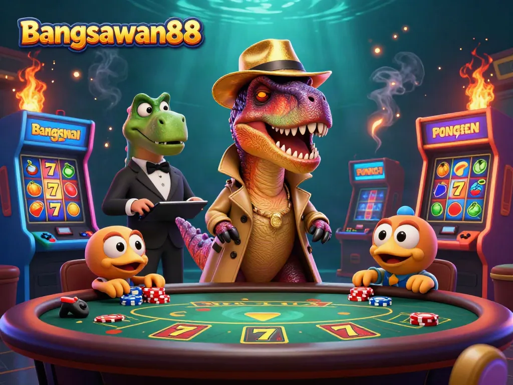 Experience the excitement of Bangsawan88 with characters engaging in lively casino action.