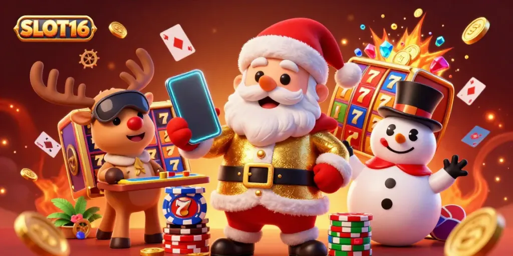 SLOT16 brings the excitement of jackpot slots with Santa Claus in a casino setting, showcasing vibrant game elements.