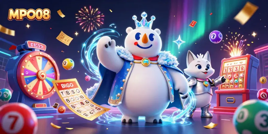 Experience the vibrant energy of MPO08 with a lively lottery scene featuring dynamic characters and game elements.