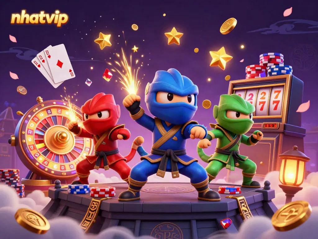 Nhatvip's vibrant 3D scene showcases ninja chameleons amidst casino elements, capturing the thrill of gaming.