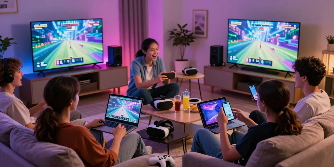 Enthusiastic players enjoying porn games across devices in a cozy living room setting.