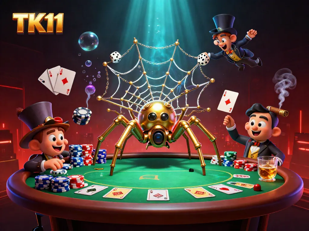 Experience thrilling gameplay with TK11 as a golden spider catches dice in a steampunk casino scene.