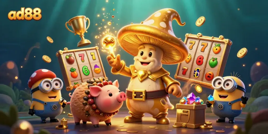 Experience the thrilling magic of ad88 with dynamic slot game elements and vibrant characters.