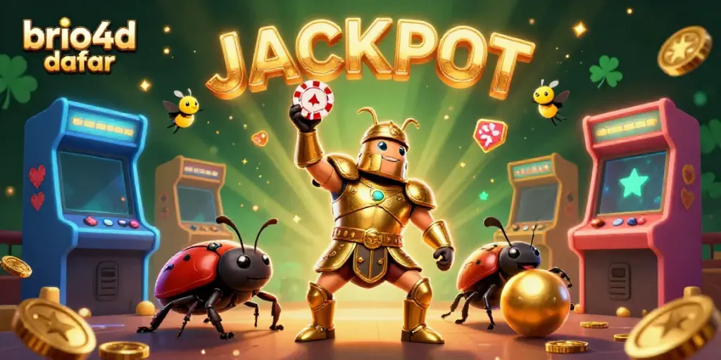 Experience big wins with brio4d daftar as a victorious beetle celebrates in a vibrant casino scene.