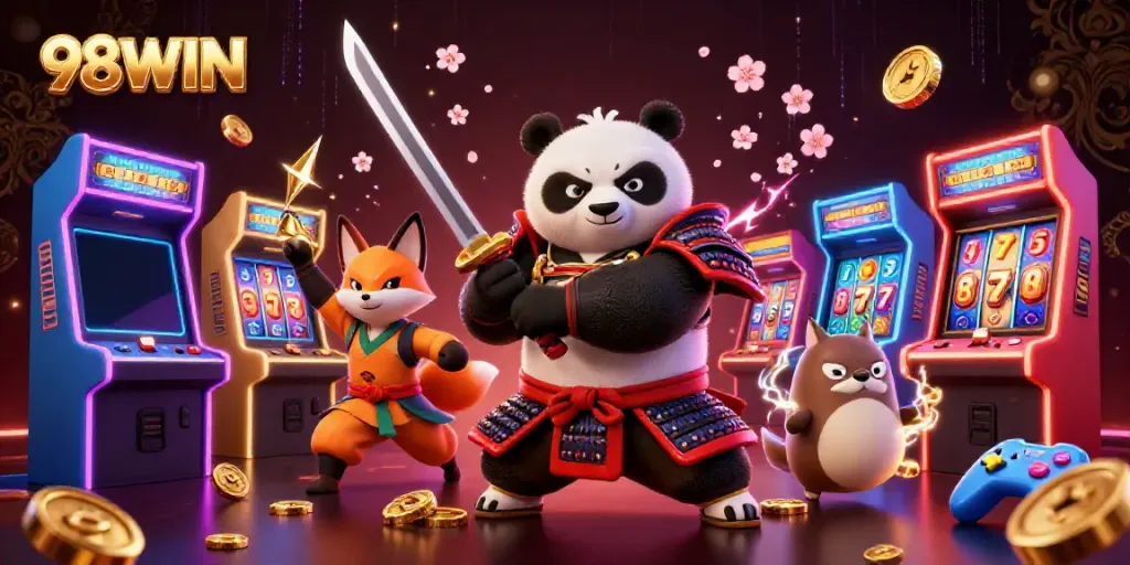 Experience thrilling gameplay with 98WIN, featuring dynamic samurai characters and casino elements.