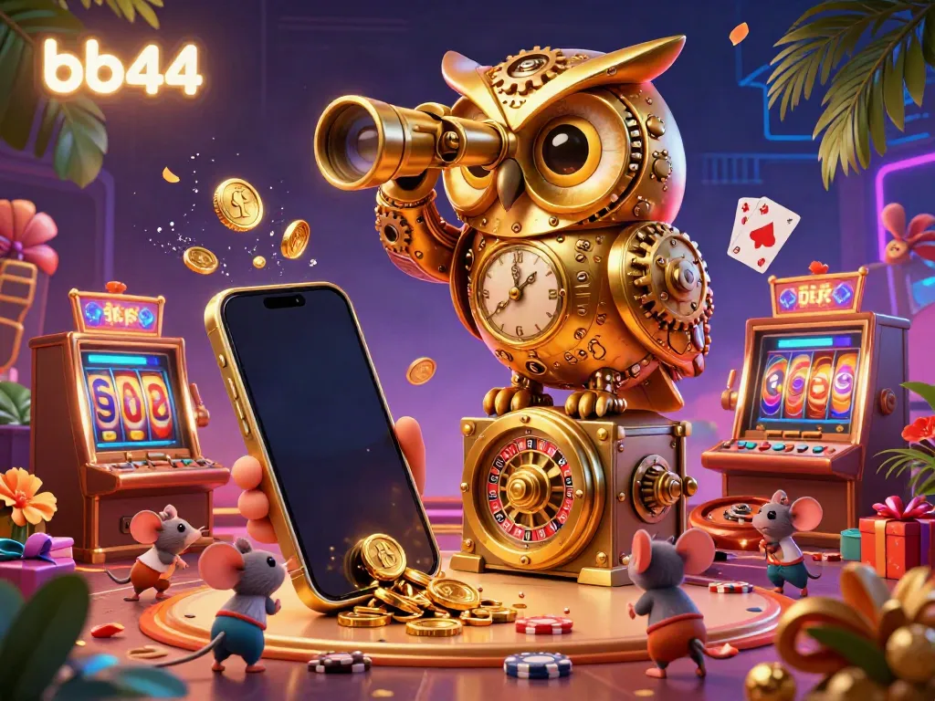 Engage with bb44's animated gaming scene featuring a golden owl observing a lively casino atmosphere.