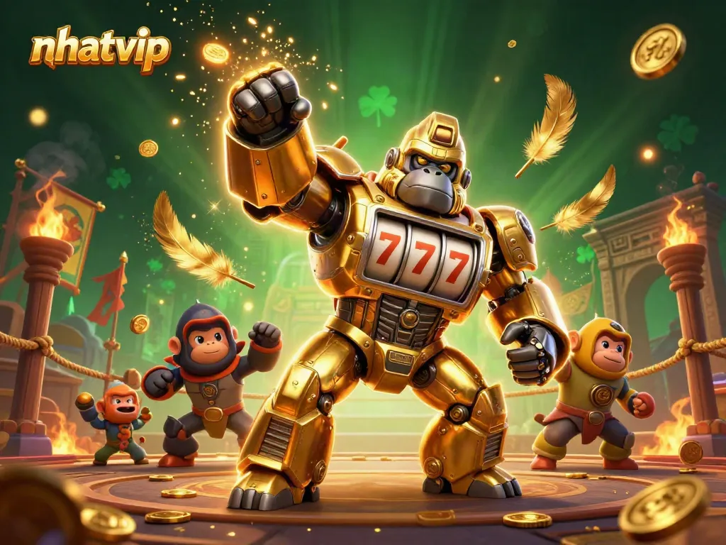 Experience thrilling gameplay with Nhatvip's golden gorilla mech, exploding coins, and rich casino elements.