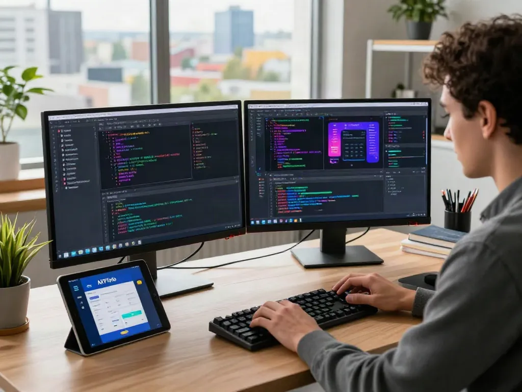 A developer working on APKTodo app features in a modern tech workspace.