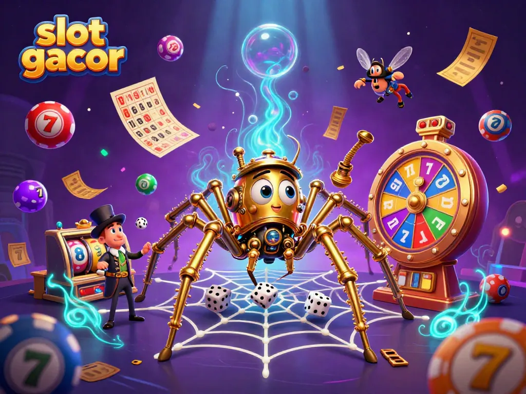 Engage with exciting slot gacor action, featuring a steampunk spider and spinning jackpot reels.