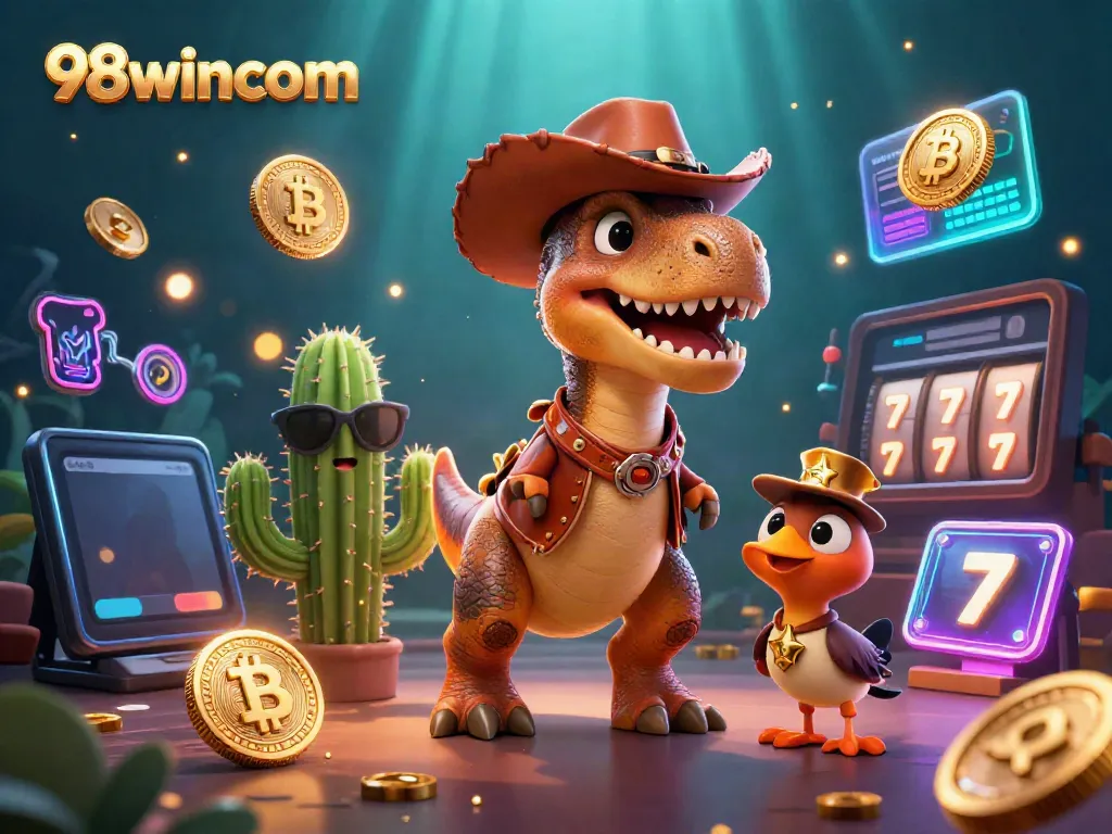 Experience the thrill at 98wincom with this vibrant casino-themed illustration showcasing action and fortune.