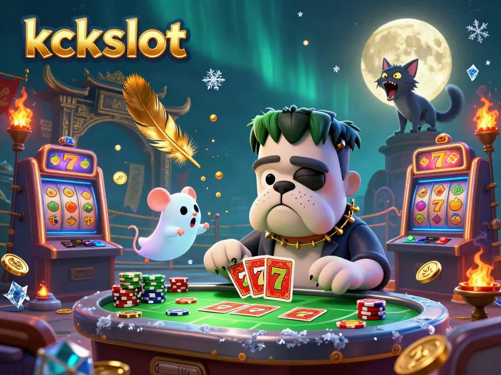 Menangkan permainan kartu di kckslot dengan karakter Frankenstein bulldog dan werewolf dalam suasana kasino yang mendebarkan.