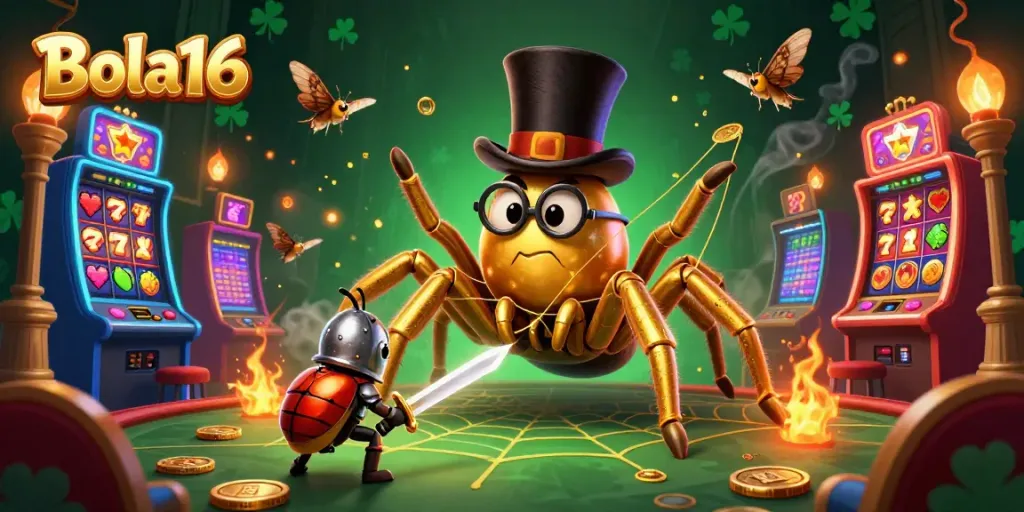 Bola16 showcases a cartoon golden tarantula and beetle knight in a vibrant casino scene filled with slot machines.