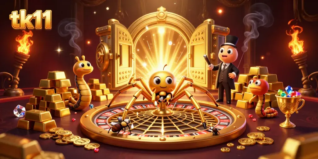 Experience tk11 as a golden spider spins a roulette wheel in a vibrant casino scene