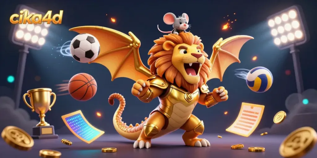Experience the excitement of cika4d with a dynamic 3D chimera and sports elements in a vibrant casino scene.