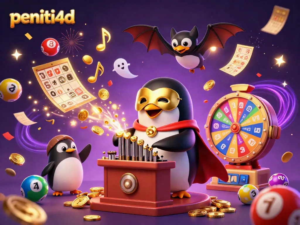 Permainan slot di peniti4d, dengan penguin organ misterius, bola lotere, dan bintang di latar belakang.