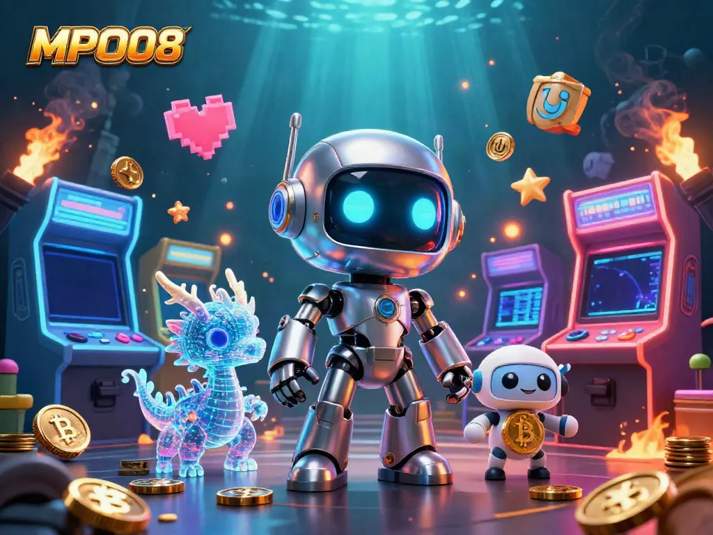 Play and win with MPO08, featuring a futuristic robot and gaming elements in a vibrant casino world.