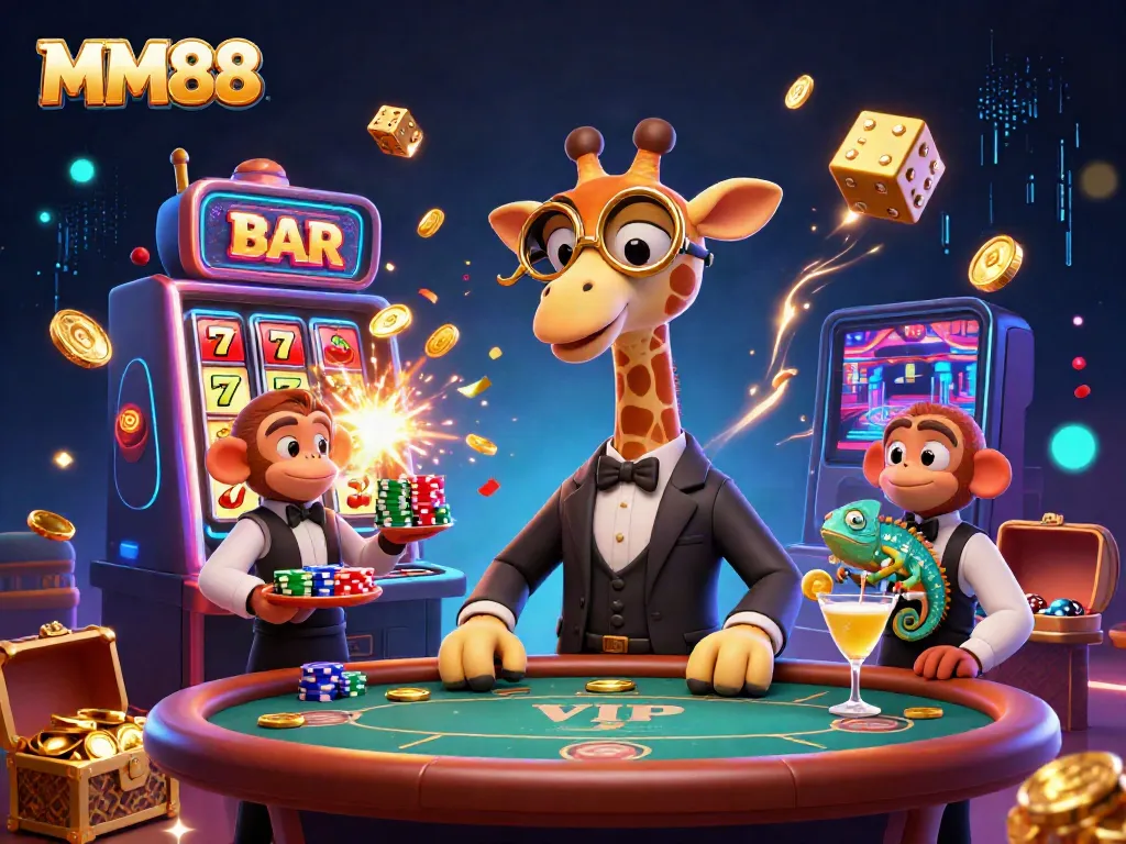 Hit the jackpot at MM88 with a vibrant casino scene featuring a luxurious giraffe and a lively monkey and chameleon team.