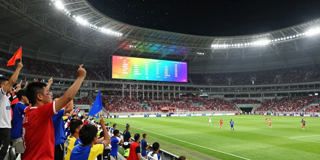 Crowd celebrating at TOP10สนาม football match with players in action and a lively atmosphere.
