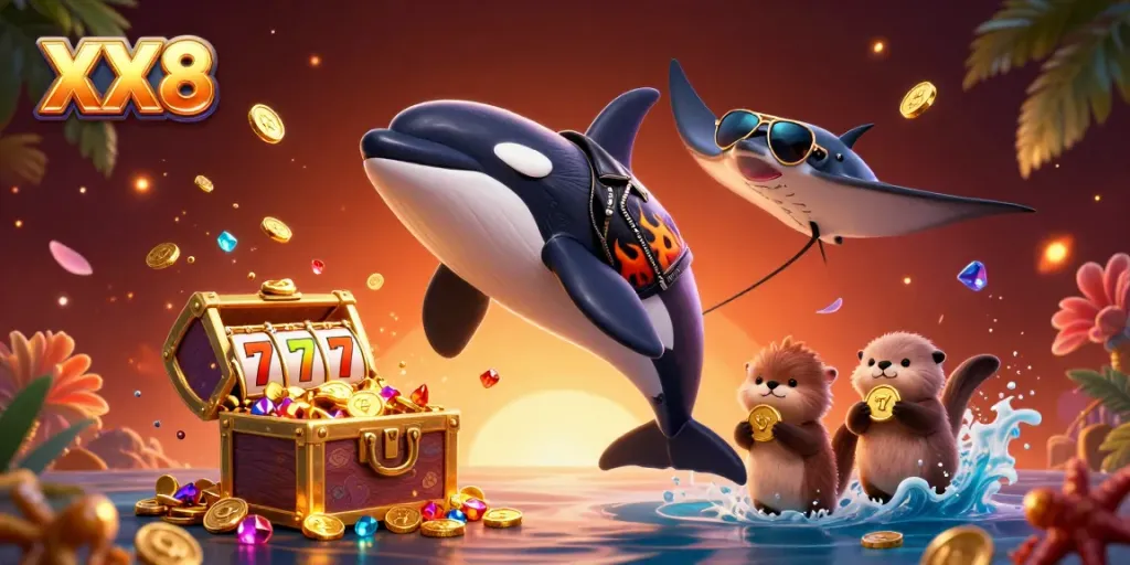 Experience the thrill of XX8 with a dynamic underwater scene featuring an orca in a biker jacket alongside playful sea otters.