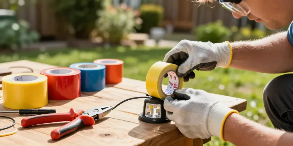 Using Link Super33 electrical tape for outdoor lighting DIY project, showcasing tools and vibrant garden.