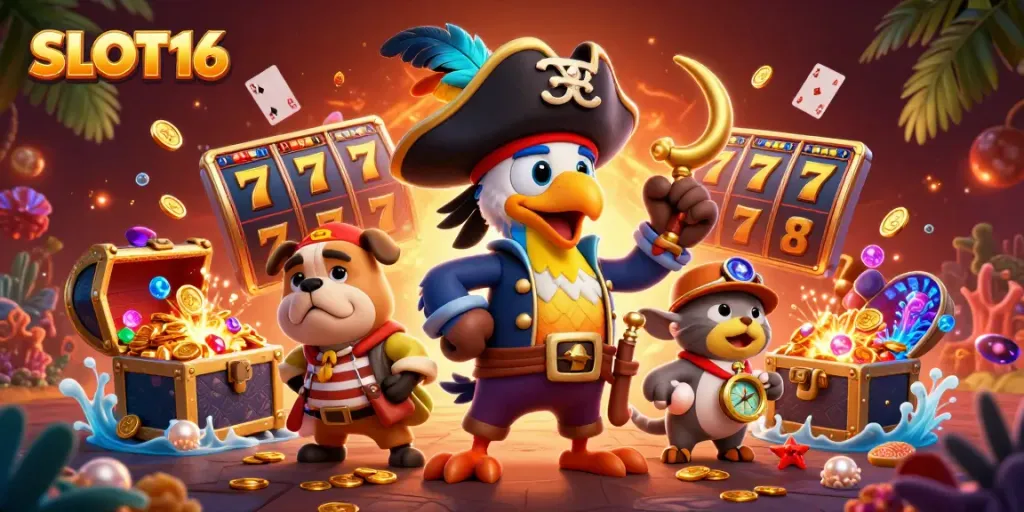 SLOT16 features a vibrant pirate-themed casino scene with characters and slot game elements