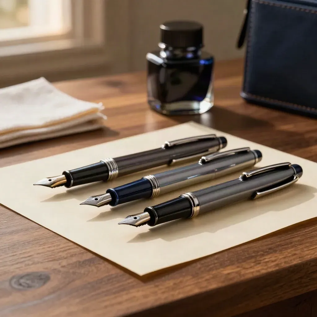 Three fountain pens, two ink bottles and a navy case edge on cream blotter paper in warm window light.
