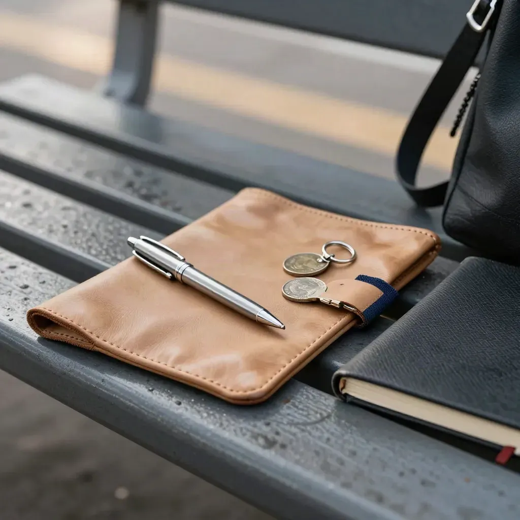 Ballpoint, leather sleeve, key fob, coin and closed notebook on a commuter bench at gray dawn